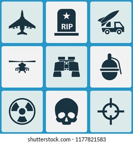 Combat icons set with helicopter, fighter, binoculars and other dangerous  elements. Isolated vector illustration combat icons.