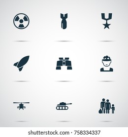 Combat Icons Set. Includes Icons Such As Chopper, Rocket, Glass And Other.