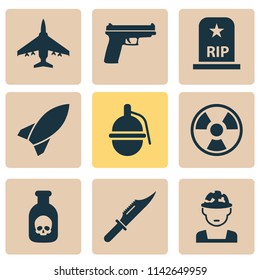 Combat icons set with knife, grenade, poison and other rip elements. Isolated vector illustration combat icons.