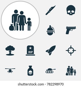 Combat icons set with rip, missile, fugitive and other target elements. Isolated vector illustration combat icons.