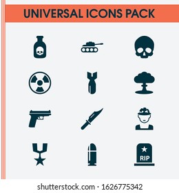 Combat icons set with skull, bullet, nuclear explosion and other danger elements. Isolated vector illustration combat icons.