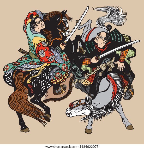 日本の武士の戦い 騎兵2騎が馬に乗り 刀で戦う ベクターイラスト のベクター画像素材 ロイヤリティフリー