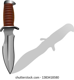 Combat knife with brown grip and shadow on white background. Vector illustration.
