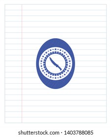 combat knife icon emblem drawn with pen. Blue ink. Vector Illustration. Detailed.