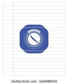 combat knife icon emblem drawn with pen. Blue ink. Vector Illustration. Detailed.
