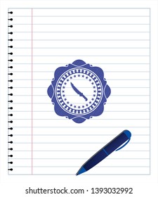 combat knife icon emblem with pen effect. Blue ink. Vector Illustration. Detailed.