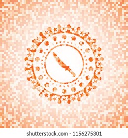 combat knife icon inside abstract orange mosaic emblem with background