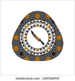 combat knife icon inside arabesque style emblem. arabic decoration.