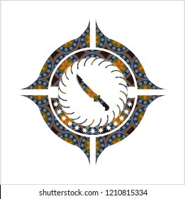 combat knife icon inside arabic badge. Arabesque decoration.