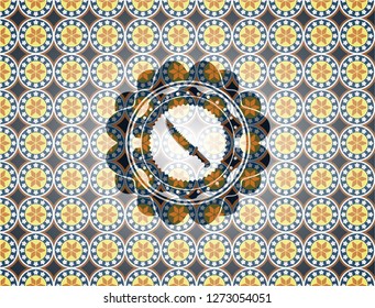 combat knife icon inside arabic emblem background. Arabesque decoration.