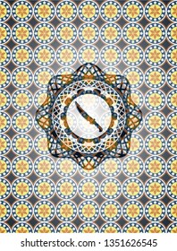 combat knife icon inside arabic badge. Arabesque decoration.