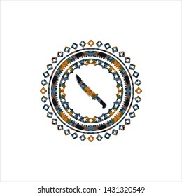 combat knife icon inside arabic badge background. Arabesque decoration.