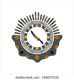 combat knife icon inside arabic badge background. Arabesque decoration.