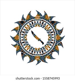 combat knife icon inside arabic badge background. Arabesque decoration.