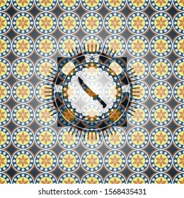 combat knife icon inside arabic style badge. Arabesque decoration.