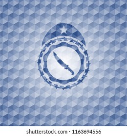combat knife icon inside blue emblem or badge with geometric pattern background.