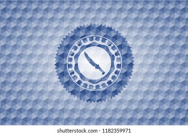 combat knife icon inside blue emblem with geometric pattern.