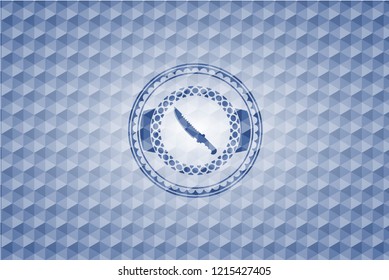 combat knife icon inside blue badge with geometric pattern background.