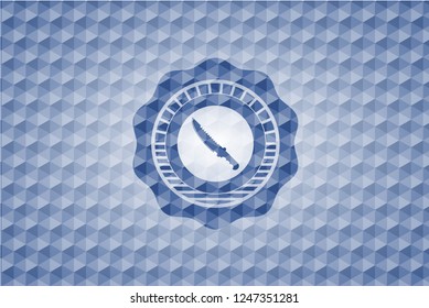 combat knife icon inside blue hexagon emblem.