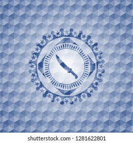 combat knife icon inside blue emblem or badge with abstract geometric pattern background.