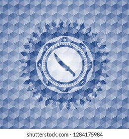 combat knife icon inside blue emblem with geometric pattern.