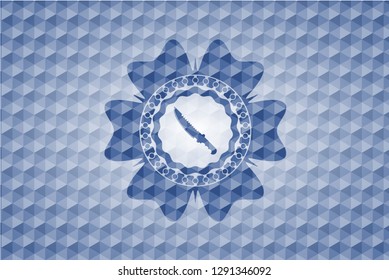 combat knife icon inside blue badge with geometric pattern background.