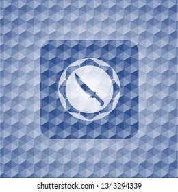 combat knife icon inside blue emblem or badge with abstract geometric polygonal pattern background.