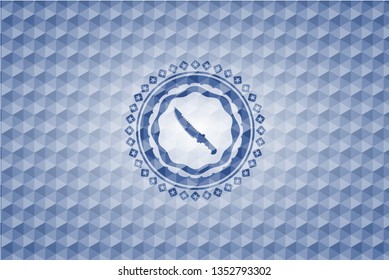 combat knife icon inside blue badge with geometric pattern background.