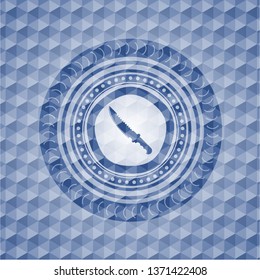 combat knife icon inside blue emblem with geometric pattern background.