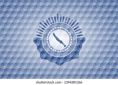 combat knife icon inside blue badge with geometric pattern.