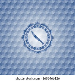 combat knife icon inside blue emblem with geometric pattern.