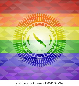 combat knife icon inside emblem on mosaic background with the colors of the LGBT flag