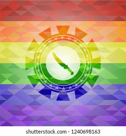 combat knife icon inside emblem on mosaic background with the colors of the LGBT flag