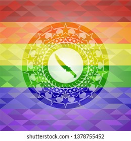 combat knife icon inside emblem on mosaic background with the colors of the LGBT flag