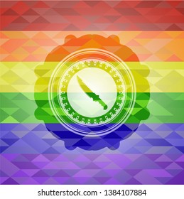 combat knife icon inside emblem on mosaic background with the colors of the LGBT flag