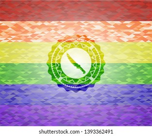 combat knife icon inside emblem on mosaic background with the colors of the LGBT flag