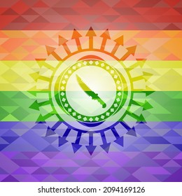 combat knife icon inside emblem on mosaic background with the colors of the LGBT flag. 