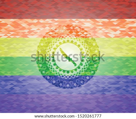 combat knife icon inside emblem on mosaic background with the colors of the LGBT flag