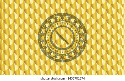combat knife icon inside gold emblem. Scales pattern. Vector Illustration. Detailed.