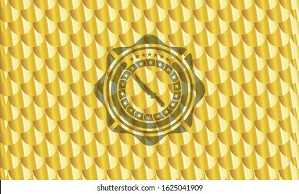 combat knife icon inside gold badge. Scales pattern. Vector Illustration. Detailed.