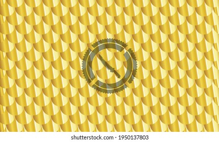 combat knife icon inside gold badge or emblem. Scales pattern. Vector Illustration. Detailed. 