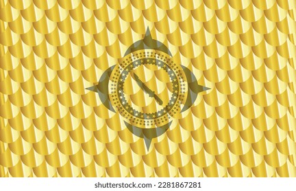 icono del cuchillo de combate dentro de la insignia de oro o emblema. Patrón de escalas. Ilustración vectorial. Detallado. 