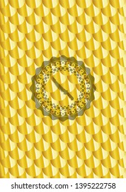 combat knife icon inside golden badge. Scales pattern. Vector Illustration. Detailed.
