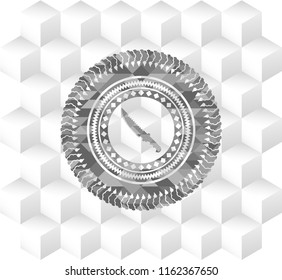 combat knife icon inside grey badge with geometric cube white background