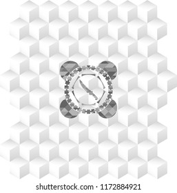 combat knife icon inside grey badge with geometric cube white background