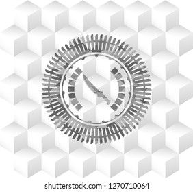 combat knife icon inside grey badge with geometric cube white background
