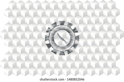 combat knife icon inside grey badge with geometric cube white background