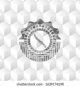 combat knife icon inside grey emblem with geometric cube white background
