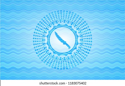 combat knife icon inside light blue water wave emblem background.