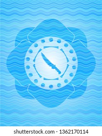 combat knife icon inside light blue water wave emblem.